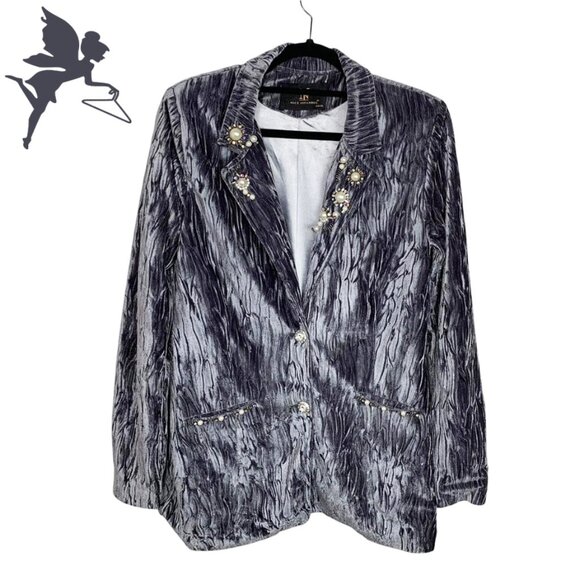 NICE ISTANBUL Crushed Velvet Longline Blazer With Pearl and Rhinestone Accents - Picture 1 of 7
